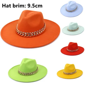 Oranžinė fedora skrybėlę kraštų 9.5 cm didmeninės vandens lašas viršuje storio grandinę priedai etapo rezultatus džiazo skrybėlę top hat кепка мужская