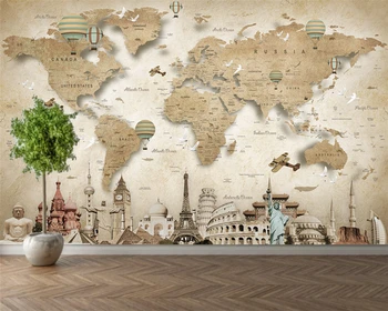 Individualizuotos fono paveikslėlį pasaulio žemėlapis, lankytinos vietos architektūros TV foną, freskomis namų puošybai kambarį miegamasis 3d tapetai
