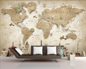 Individualizuotos fono paveikslėlį pasaulio žemėlapis, lankytinos vietos architektūros TV foną, freskomis namų puošybai kambarį miegamasis 3d tapetai 3