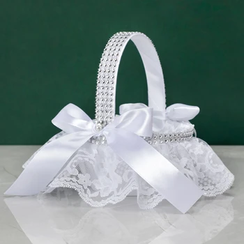 1Pc Vestuvių Gėlių Mergaitė Krepšiai - Pasakų Rinkimo Balta Nešiojamų Mažų Gėlių Krepšelis Nėrinių Dekoratyviniai Vestuvių Reikmenys