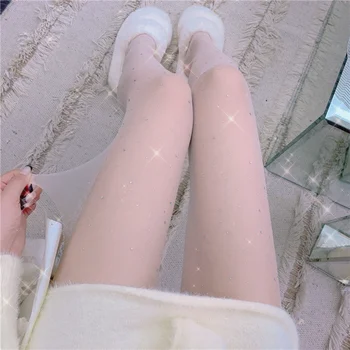 Baltos spalvos Blizgantis Šilko Kojinės su Gręžimo Moterų Sexy-Ultra plonas Pėdkelnės su Deimantu, Pėdkelnės, Elastinės Kojinės Virš Kelio