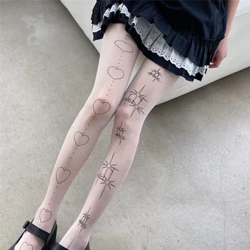 Harajuku Grafiti Star Love Lolita Pėdkelnės Moterų Grožio Odos Ilgas Kojines Tatuiruotė Spausdinimo Baltos spalvos Šilko Seksualios Kojinės