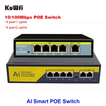KuWFi POE Switch 10/100Mbps 4 POE+2 Uplink Port Fast Ethernet Tinklo Jungiklio, 250M Perdavimo IEEE802.3AT/AF IP Kamera, NVR,