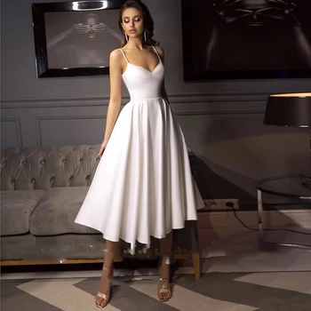 Linijos Trumpas Vestuvių Suknelė Moterims 2023 Užsakymą Chalatas De Mariee Balta Civilinės Spagečiai Dirželiai Juosmens Perlų Arbata Ilgis