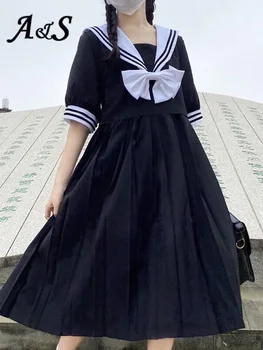 Anbenser Harajuku Sailor Apykaklės Lolita Dress Japonijos Saldus Lankas-mazgas Mergina Retro Preppy Stiliaus trumpomis Rankovėmis Kawaii Suknelė Moterims