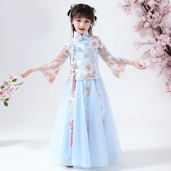 Merginos Han Fu 2VNT Siuvinėtų Nėrinių gėlių mergaičių suknelės Kinijos cheongsam Kūdikių elegantiškas Tradicinės Kinų drabužiai Vaikams