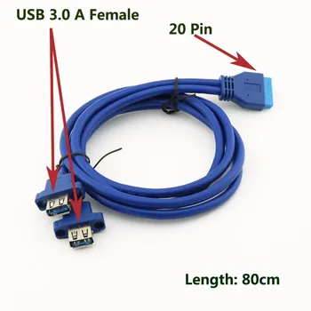 1pcs USB 3.0 Kabelis Dual Port USB 3.0 Moterų Varžtas Panel Mount Tipo Plokštė 20 Pin PC Atveju Laido 80cm Mėlyna 0