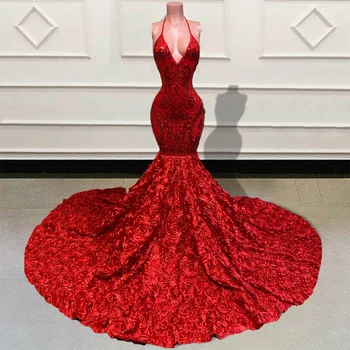Sparkly China Raudona Undinėlės Ilgai Prom Dresses 2022 V Kaklo Backless 3D Gėlės Traukinio Juoda Mergaitės Oficialus Vakare Chalatai Šalis