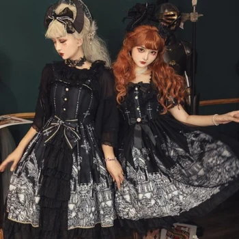 Japonijos Derliaus Gothic Lolita Dress Moterų Saldus Lankas Raukiniai, Nėriniai Elegantiškas Princesė Mini Suknelės Girly Viktorijos Tamsiai Šalis Suknelė