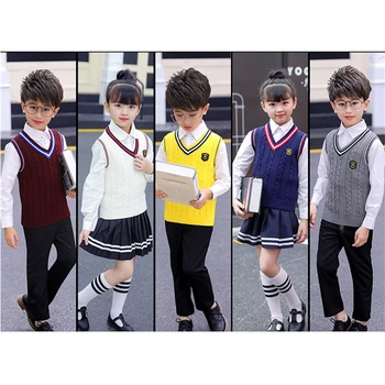 Vaikų Mokyklinę Uniformą Autmun Žiemos V-Kaklo Džemperis Berniukams Mergaičių Choro Klasę, Dėvėti 100% Medvilnė, Šiltas Korėjos Britų Stiliaus Liemenė
