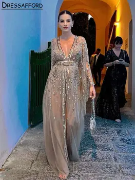 chaki V-Kaklo Deimantų Kristalų Dubajus vakarinę Suknelę-Line ilgomis Rankovėmis Blizgučiais Duobute Saudo arabų Oficialią Šalies Suknelė