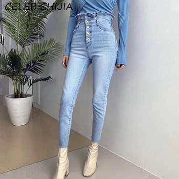SHIJIA 2022 Naujas vasaros šviesiai mėlyni skinny džinsai moteris single-breasted elastinga džinsinio pieštuku kelnės moteris aukštos juosmens pynimas džinsai