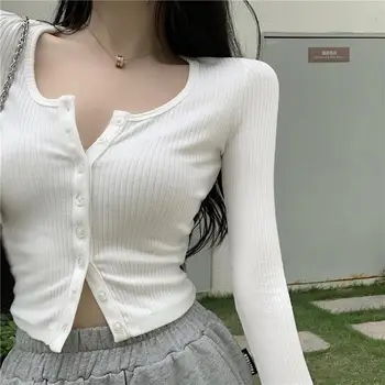 Korėjos Apkarpytos Megztinis Moterims Seksualus Slim Fit Single-breasted Mezgimo Ponios Megztinis Vientisų ilgomis Rankovėmis Apkarpyti Viršūnes Moteris