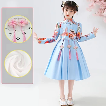Cheongsam Satino Oficialų Suknelė Mergaitėms Kinų Stiliaus Vestuvių Princesė Vaikų Prom Mergaičių Suknelės, Šaliai, Vaikams, Naujų Metų Drabužių