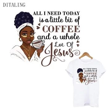 Kava Juoda Mergina Šilumos Perdavimo Pleistras Drabužių Jėzus Terminis Lipdukas, Skirtas Afro Moterys T-Shirt A Lygis Lengva Naudoti Geležies Pleistras