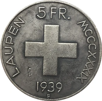 Šveicarija 1939 5 Franken Mūšis Laupen kopijuoti monetas
