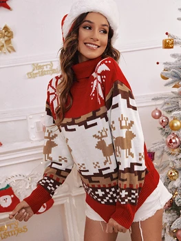 Simplee Kalėdų vakarėlį golfo žiemos džemperis moterims Derliaus ilgomis rankovėmis gyvūnų atsitiktinis megztinis raudona Mados lady jumper 2022