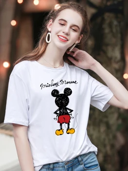 Disney Xs-4XL ES Dydis Juoda Juoda Balta Mickey Mouse Grafika Viršūnes Atsitiktinis Negabaritinių Marškinėliai Moterims Vasaros 2022 Y2k Drabužiai